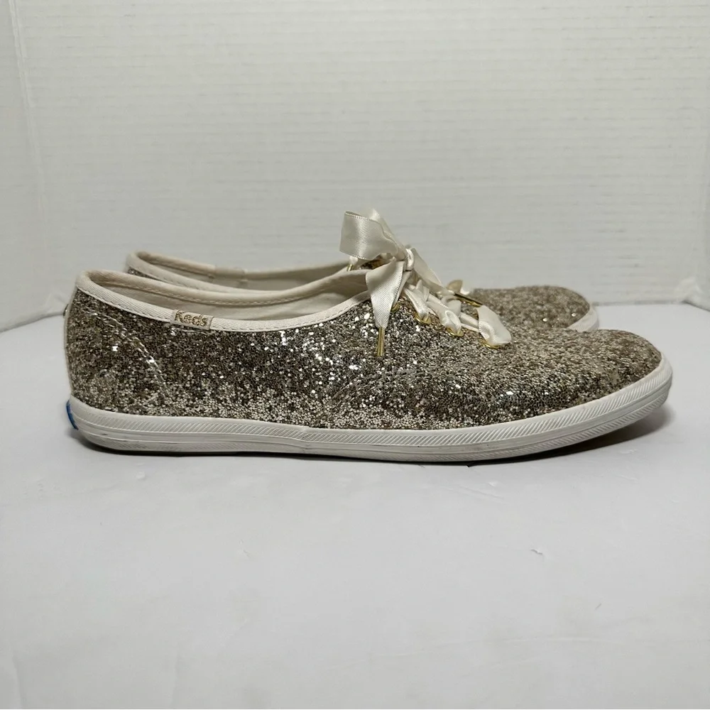 Keds X Kate Spade New York Gold Glitter Cream Satin Lace Up Sneakers- Size 8.5/9